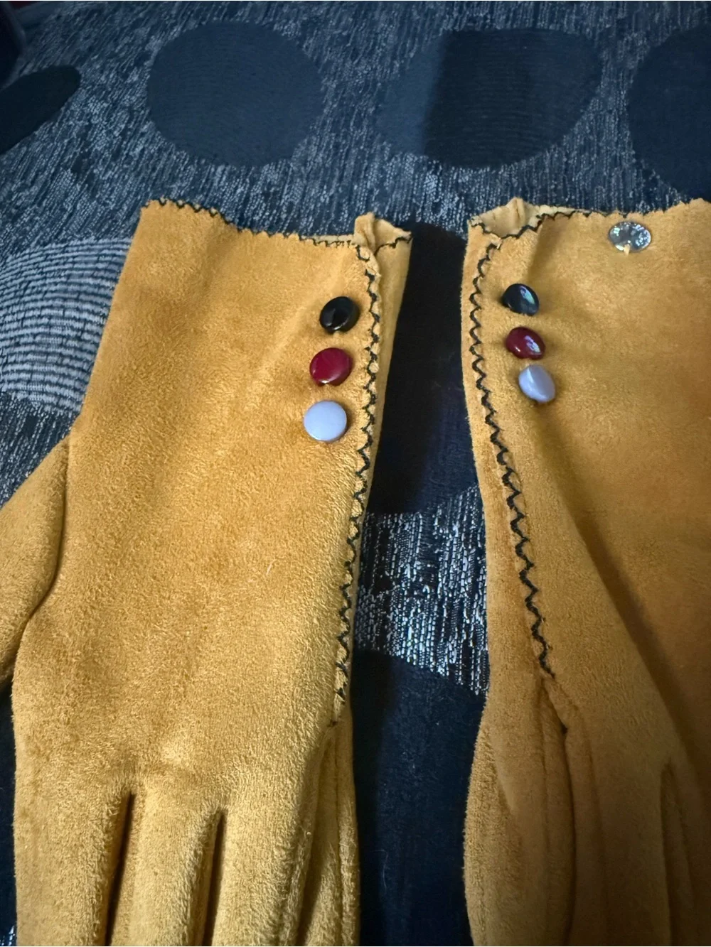 Women's Mustard Suede Gloves with Decorative Button Accents